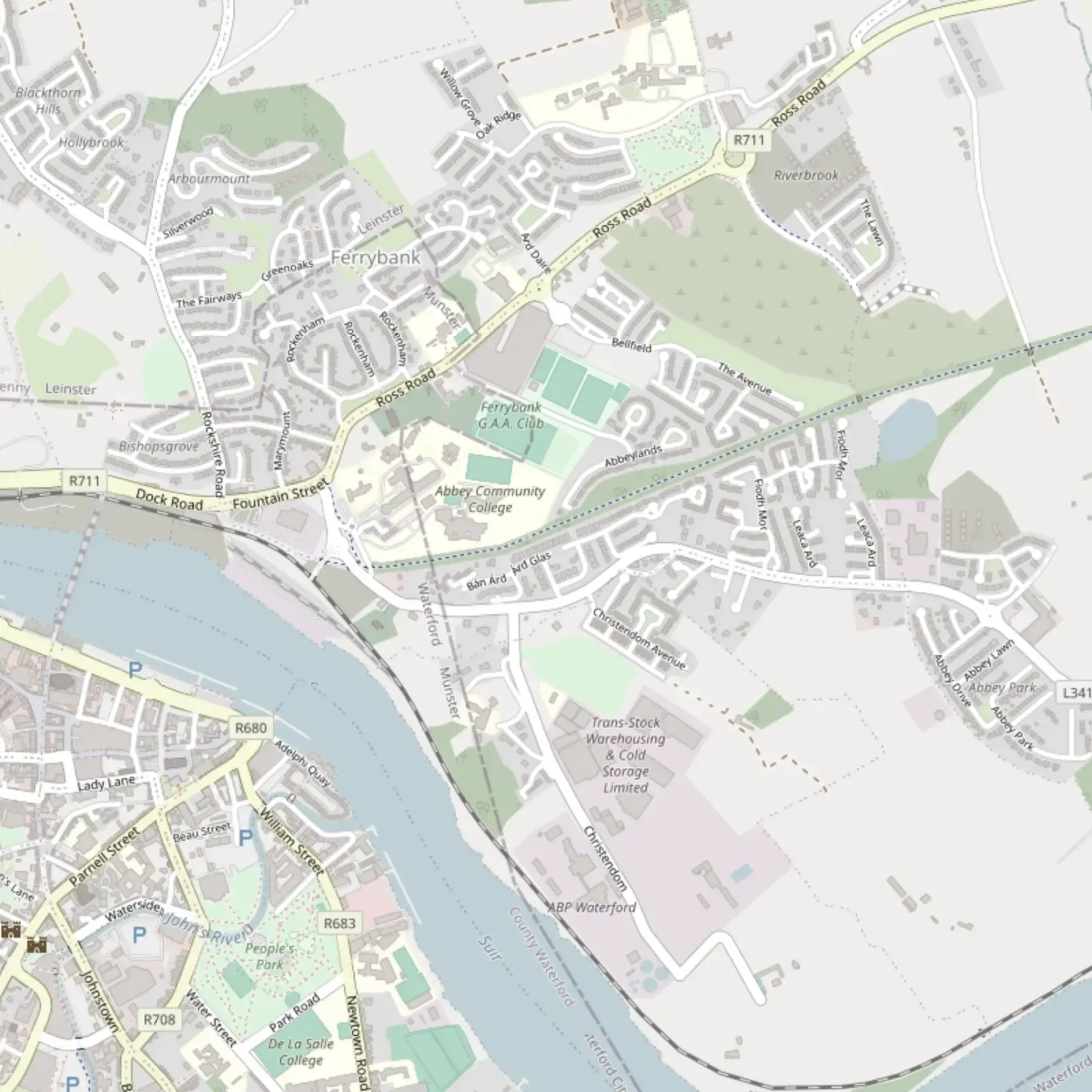 Street map of Ferrybank showing the clinic at Árd Glas, just across the river from Waterford City